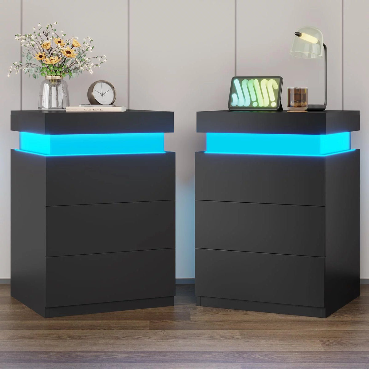 Black LED Nightstands Set of 2 with Charging Station and 3 Drawers E3497