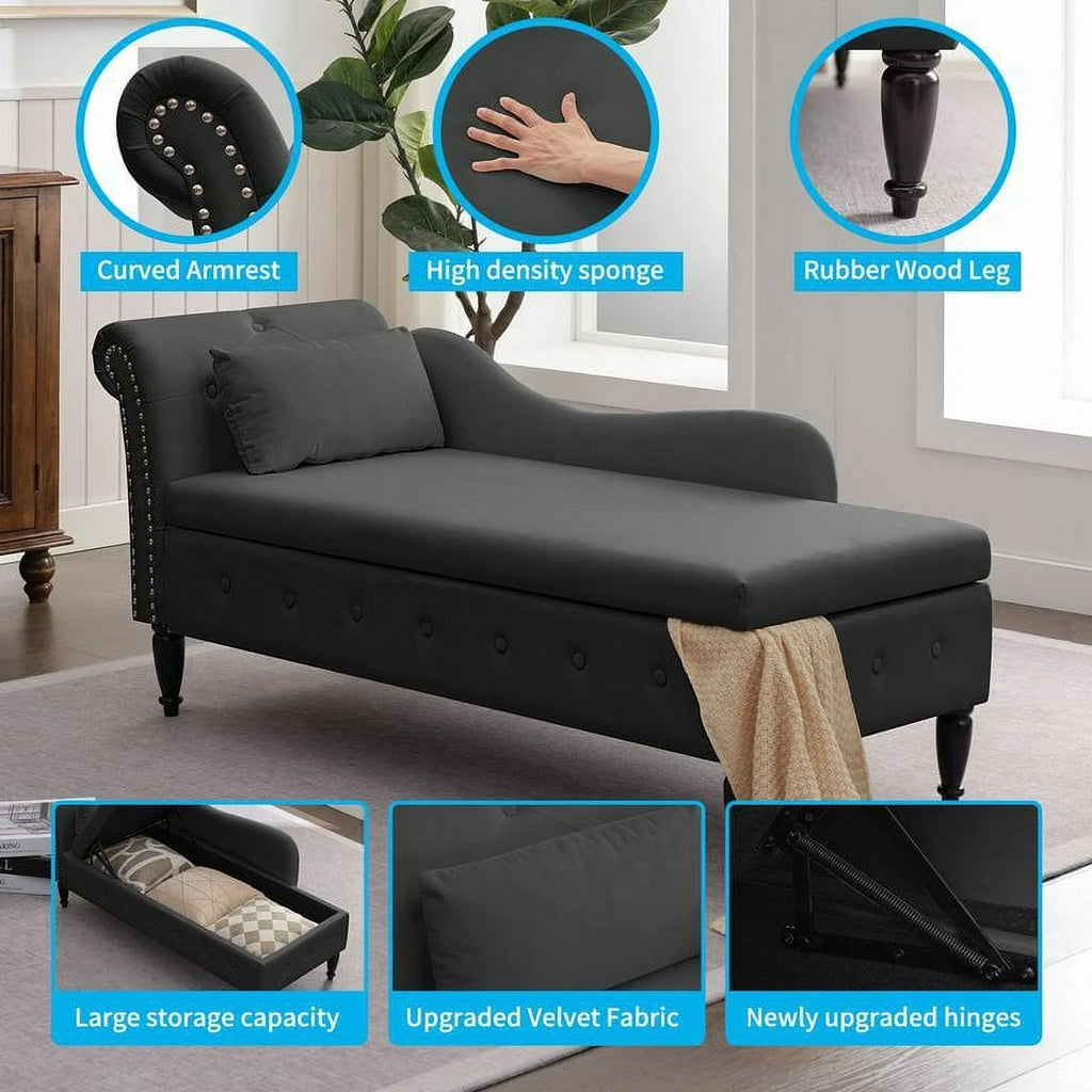 Dark Gray Velvet Tufted Chaise Lounge with Pillow L745