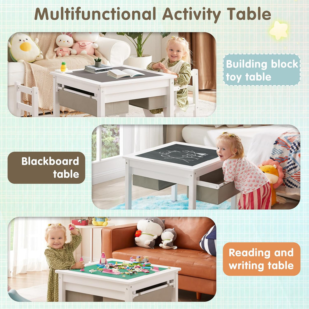 White Wooden Kids Table with Storage Drawers H753545