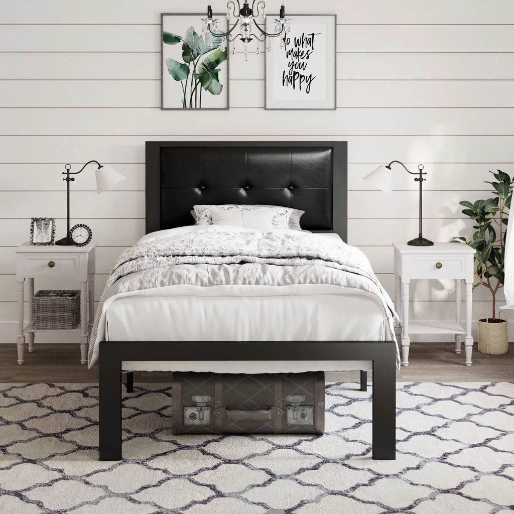 Twin Size Dark Grey Metal Platform Bed with Upholstered Headboard F466