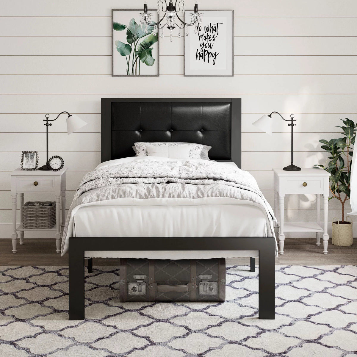 Twin Size Dark Grey Metal Platform Bed with Upholstered Headboard F466