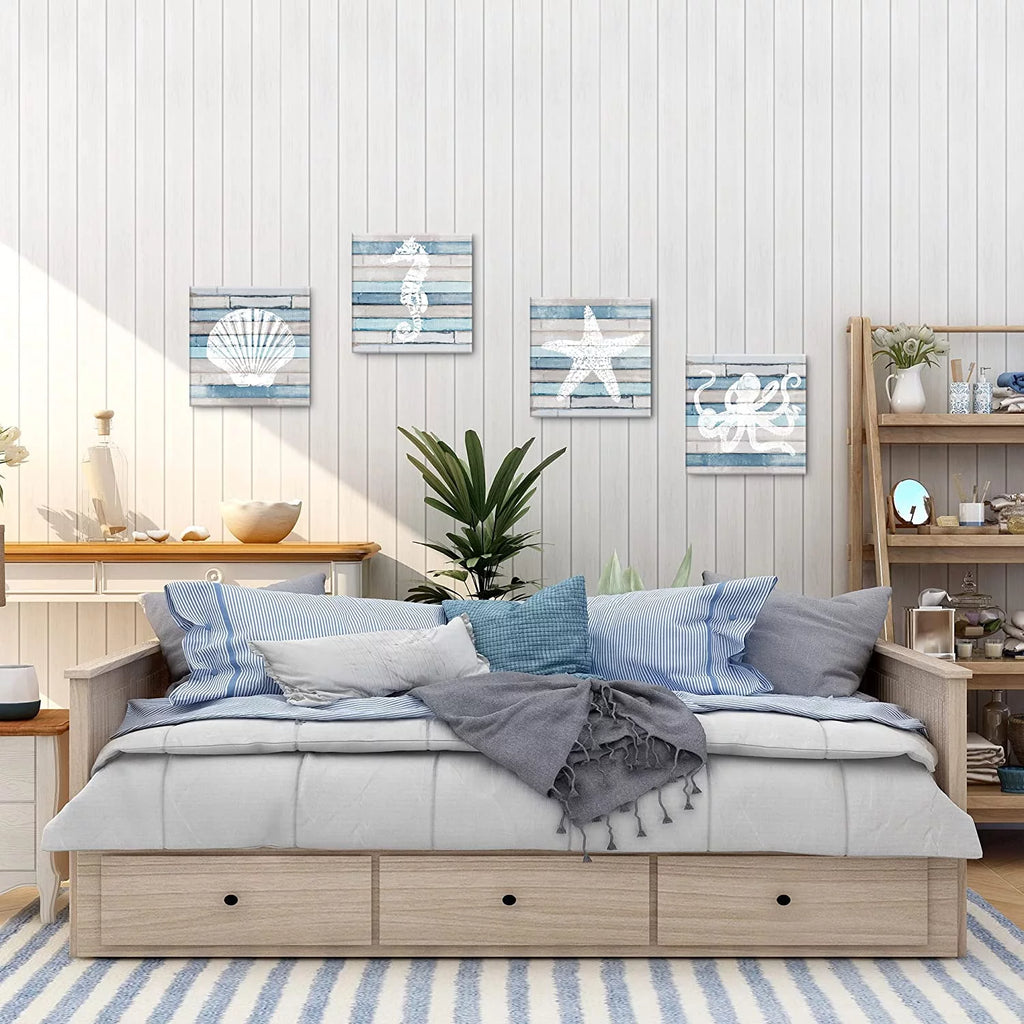 Blue Coastal Nautical Canvas Prints set of 4, 12x12 inch O516987