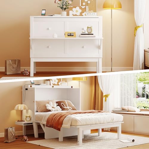Full Size Murphy Bed with Desk, USB Port, and Shelves, White Wood Frame B741