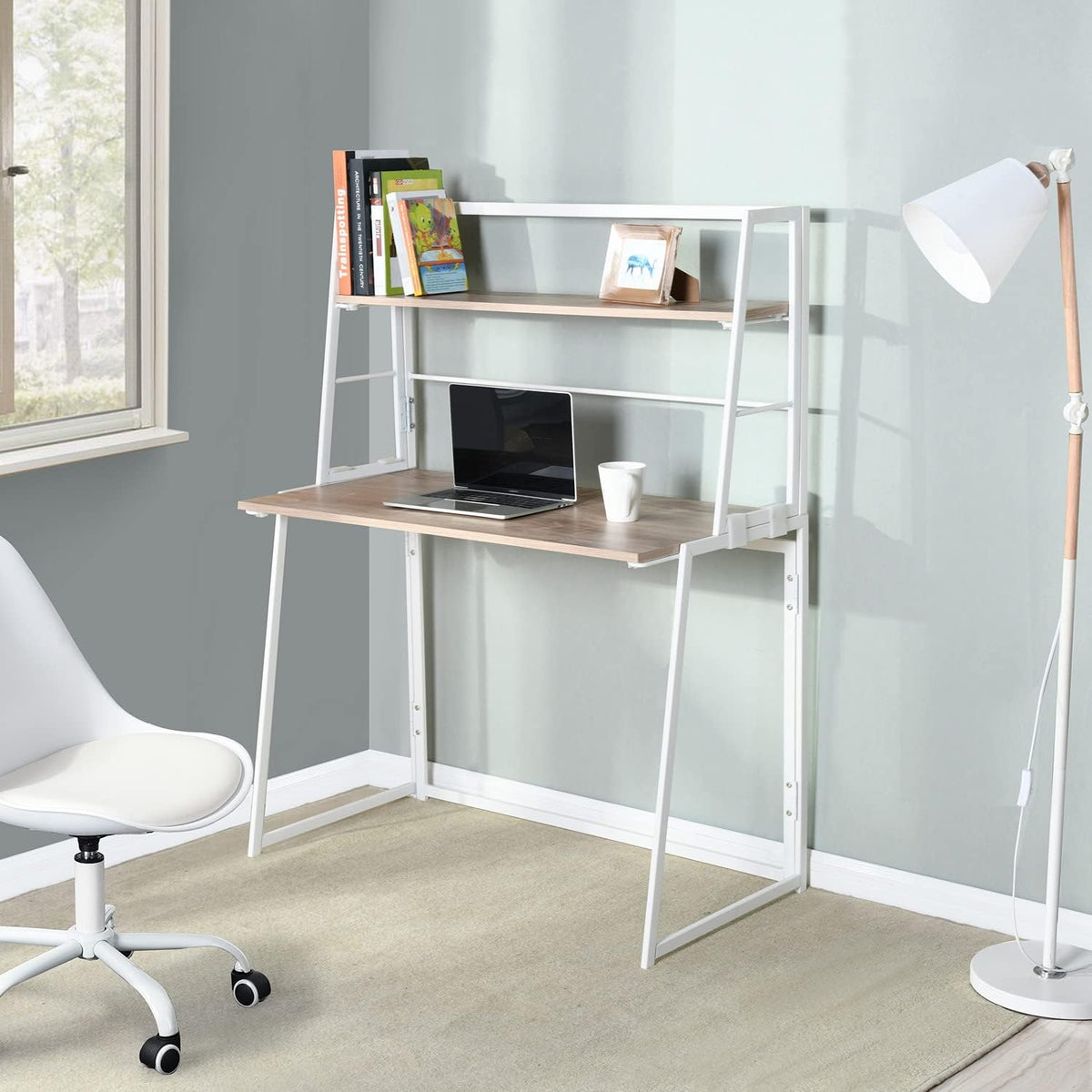 Oak White Computer Desk with Storage Shelf P625838