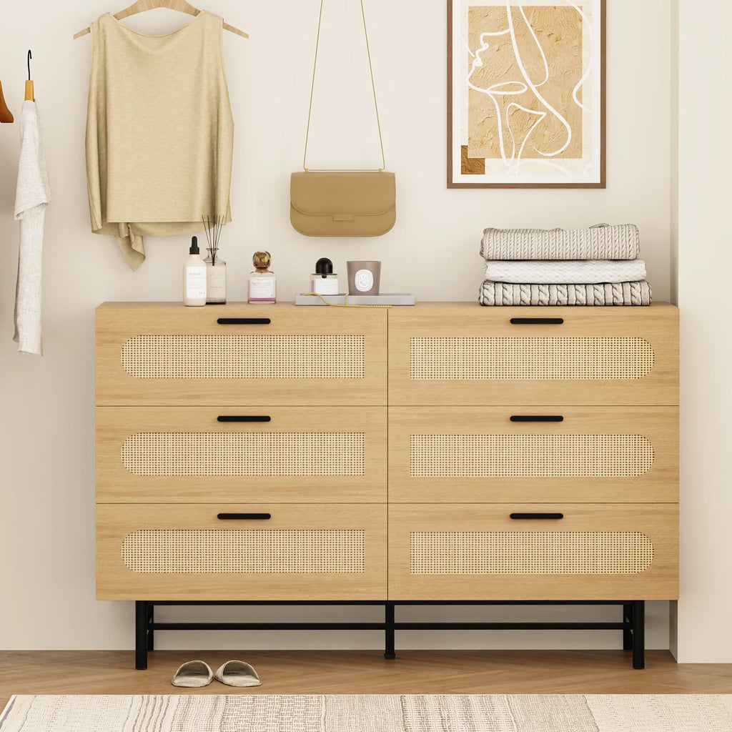 6 Drawer Natural Rattan Wood Dresser C731522