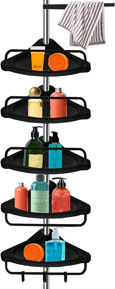 Black Stainless Steel 5-Shelf Tension Pole Shower Caddy R8306