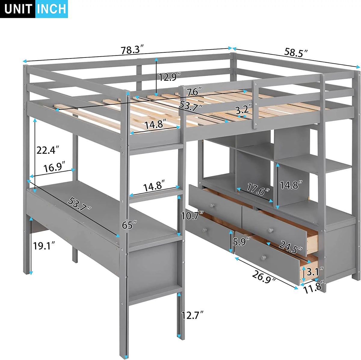 Grey Full Size Wood Loft Bed with Desk Drawers Shelves and Ladder C1633