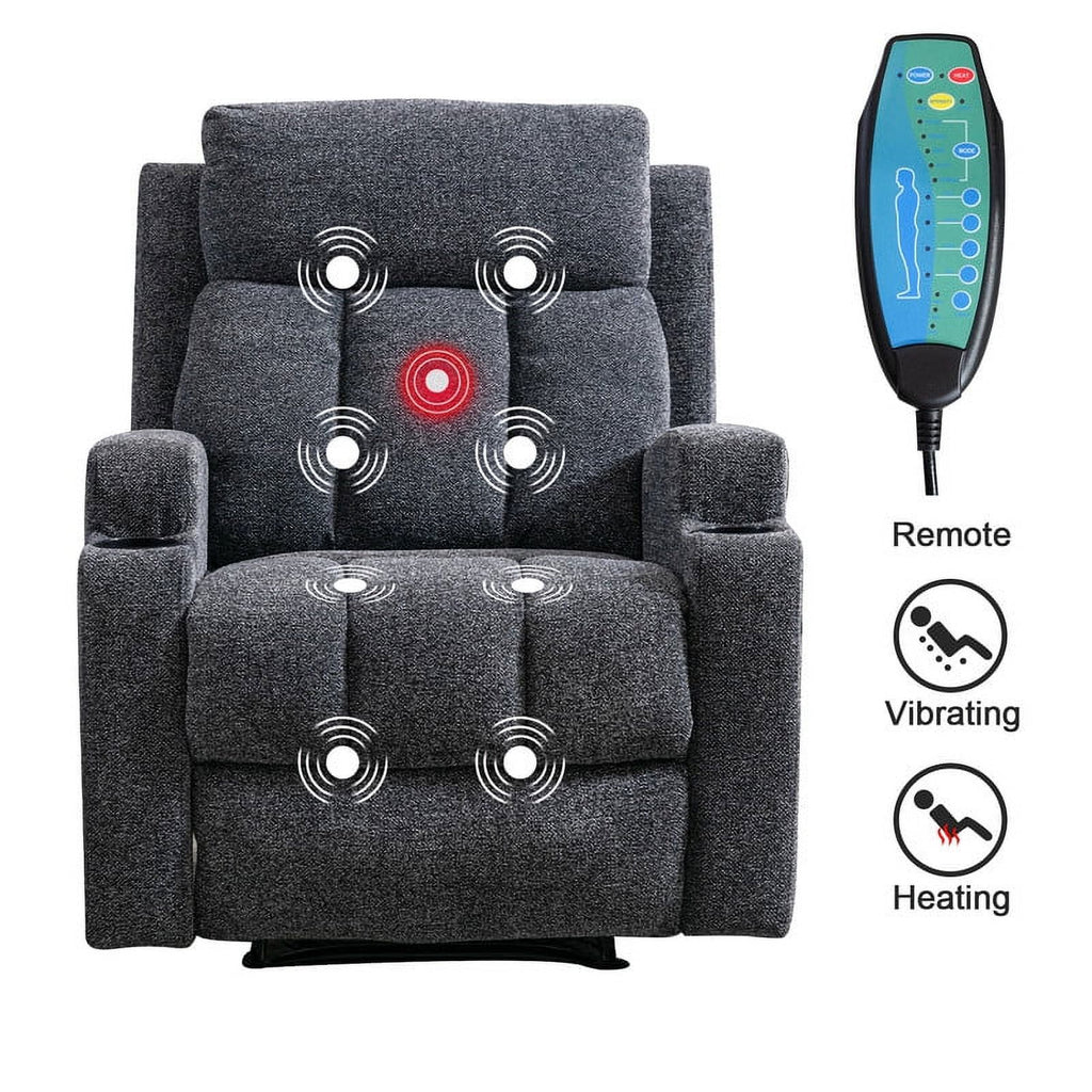 Manual Massage Recliner Chair with Heat, Side Pockets and Cup Holders, Overstuffed Breathable Fabric Reclining Chair, Single Sofa B468694