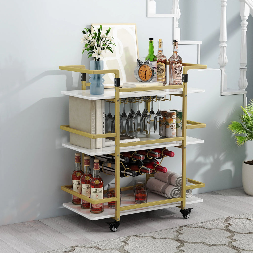Golden 3-Tier Bar Cart with Wine Rack and Glass Cup Storage H53428