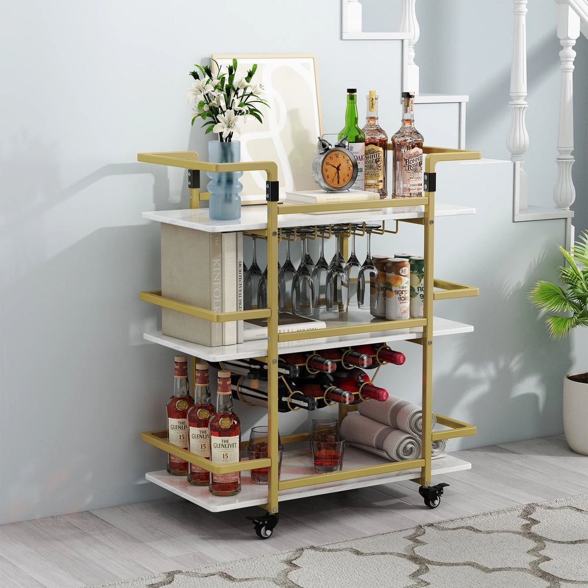 Golden 3-Tier Bar Cart with Wine Rack and Glass Cup Storage H53428