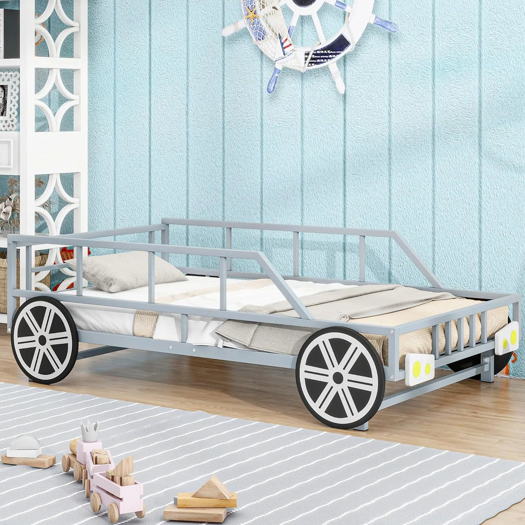 Metal Car-Shaped Platform Bed with Wheels and Guardrails G32745