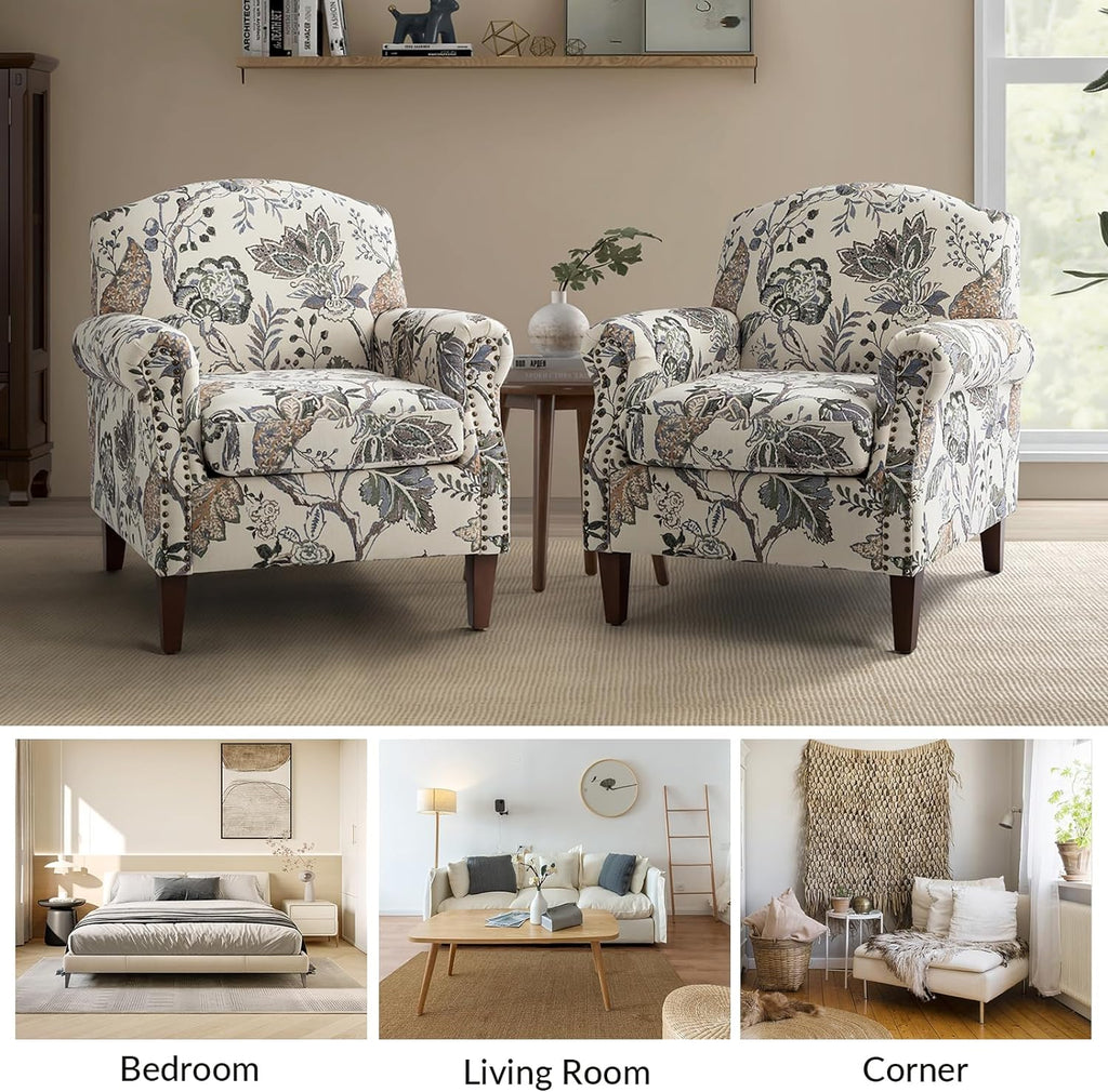 Accent Chair Set Of 2 With Wood Legs & Removable Cushion, Upholstered Armchair, Floral Design, GREY S304007