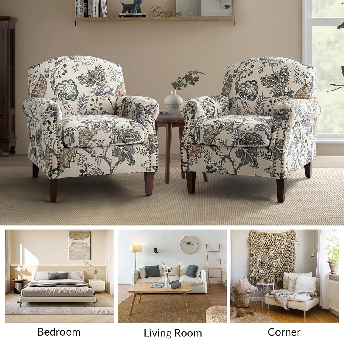 Accent Chair Set Of 2 With Wood Legs & Removable Cushion, Upholstered Armchair, Floral Design, GREY S304007
