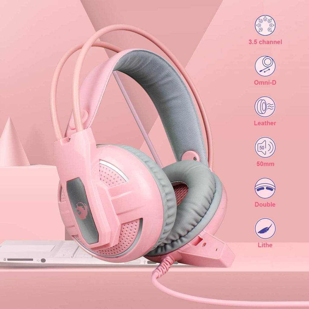 Pink 4-in-1 Gaming Keyboard Mouse Headset Combo, White Led Backlit 104 Keys Ergonomic Gamer Keyboard, 4800DPI Optical Game Mouse, 3.5mm Stereo Headset A955