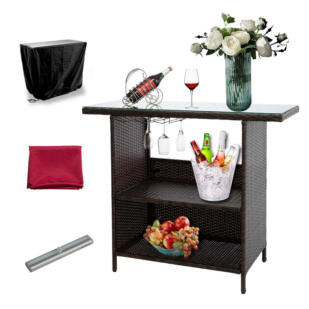 Outdoor Patio Rattan Wicker Bar Counter Table Tempered Glass Tabletop N1147