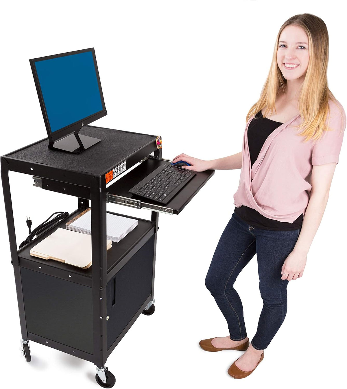 Black Height Adjustable Utility Cart with Locking Cabinet P853
