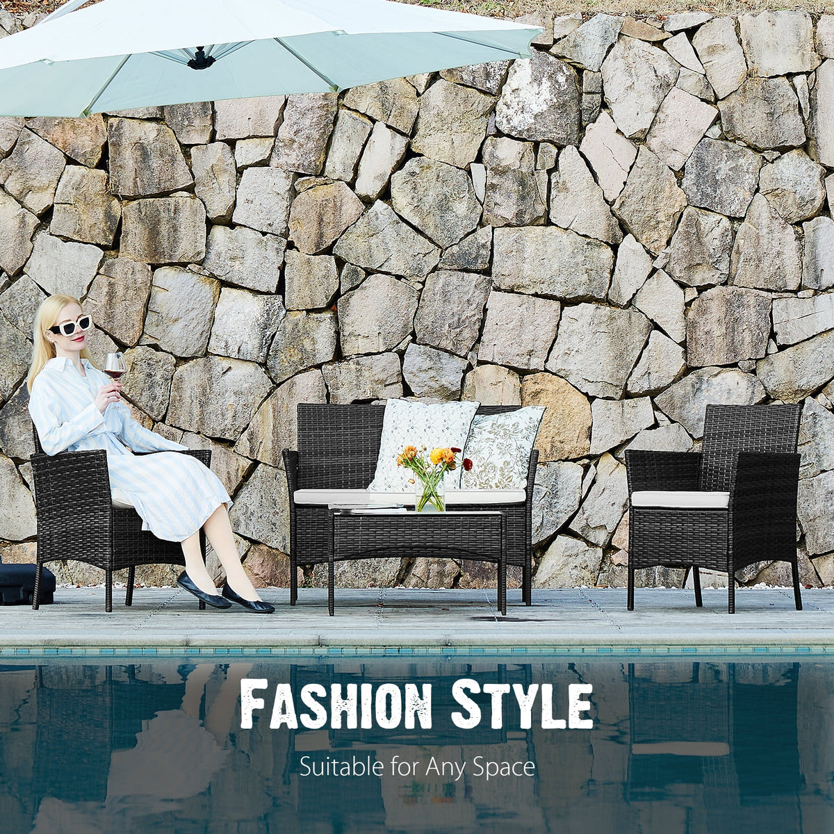 Black Outdoor Patio Furniture Set with Sectional Sofa, Table, Chairs and Cushions J39100