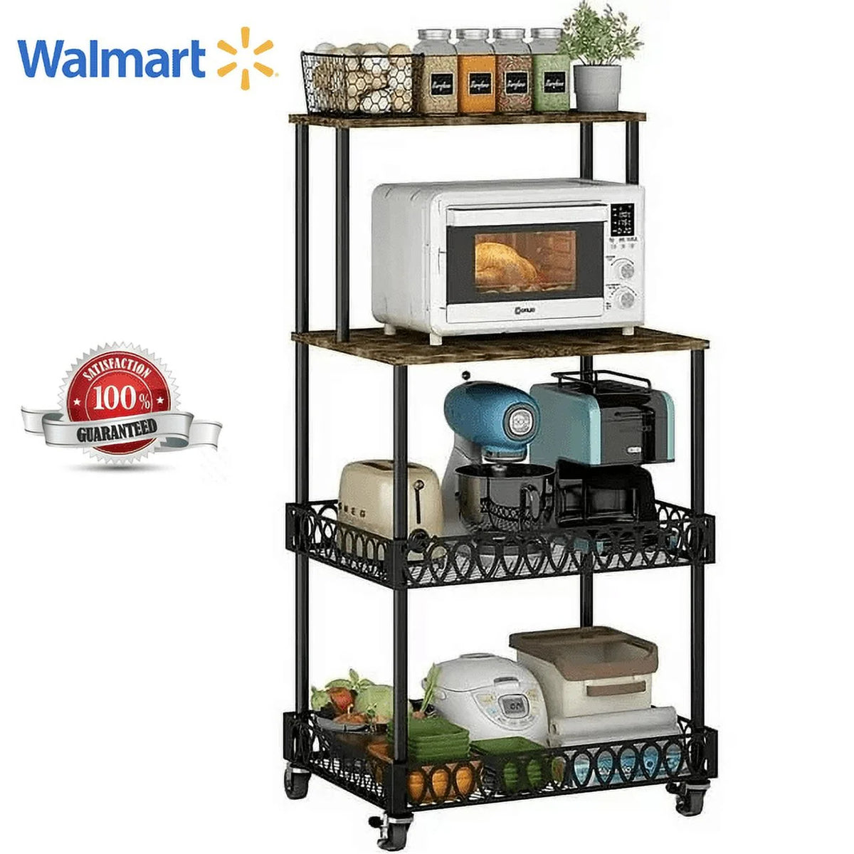 4-Tier Baker's Rack 48 inch Kitchen Storage Organizer with Metal Wheels D3400