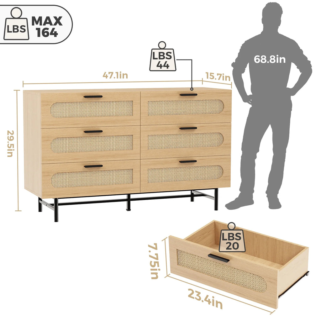 6 Drawer Natural Rattan Wood Dresser C731522