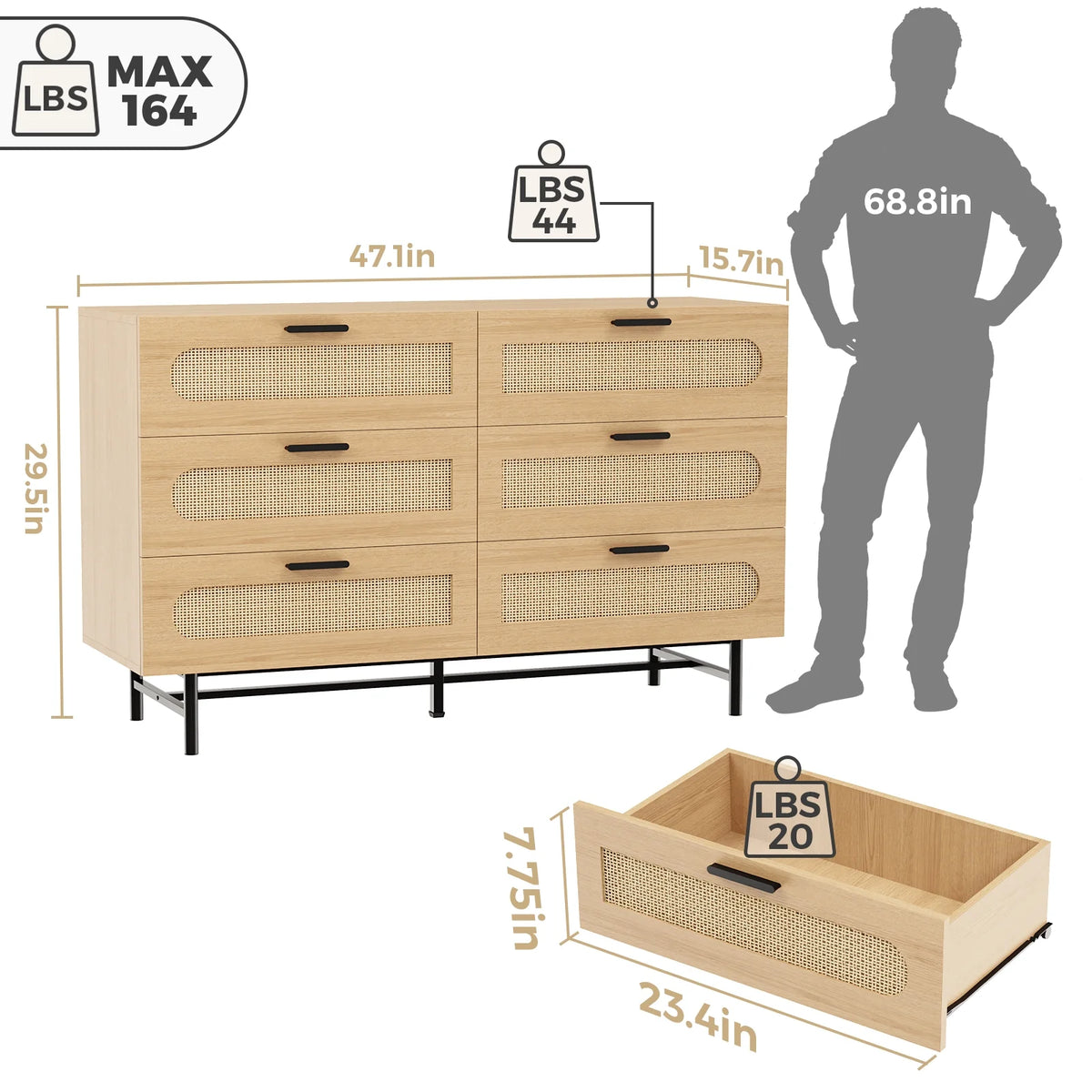 6 Drawer Natural Rattan Wood Dresser C731522