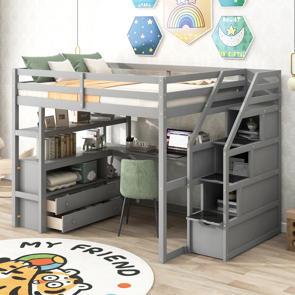 Full Wood Loft Bed with Desk, Storage Stairs, Two Drawers P676
