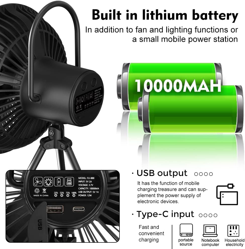 Camping Fan with LED Lantern, USB Desk Fan, Pack of 2 U774