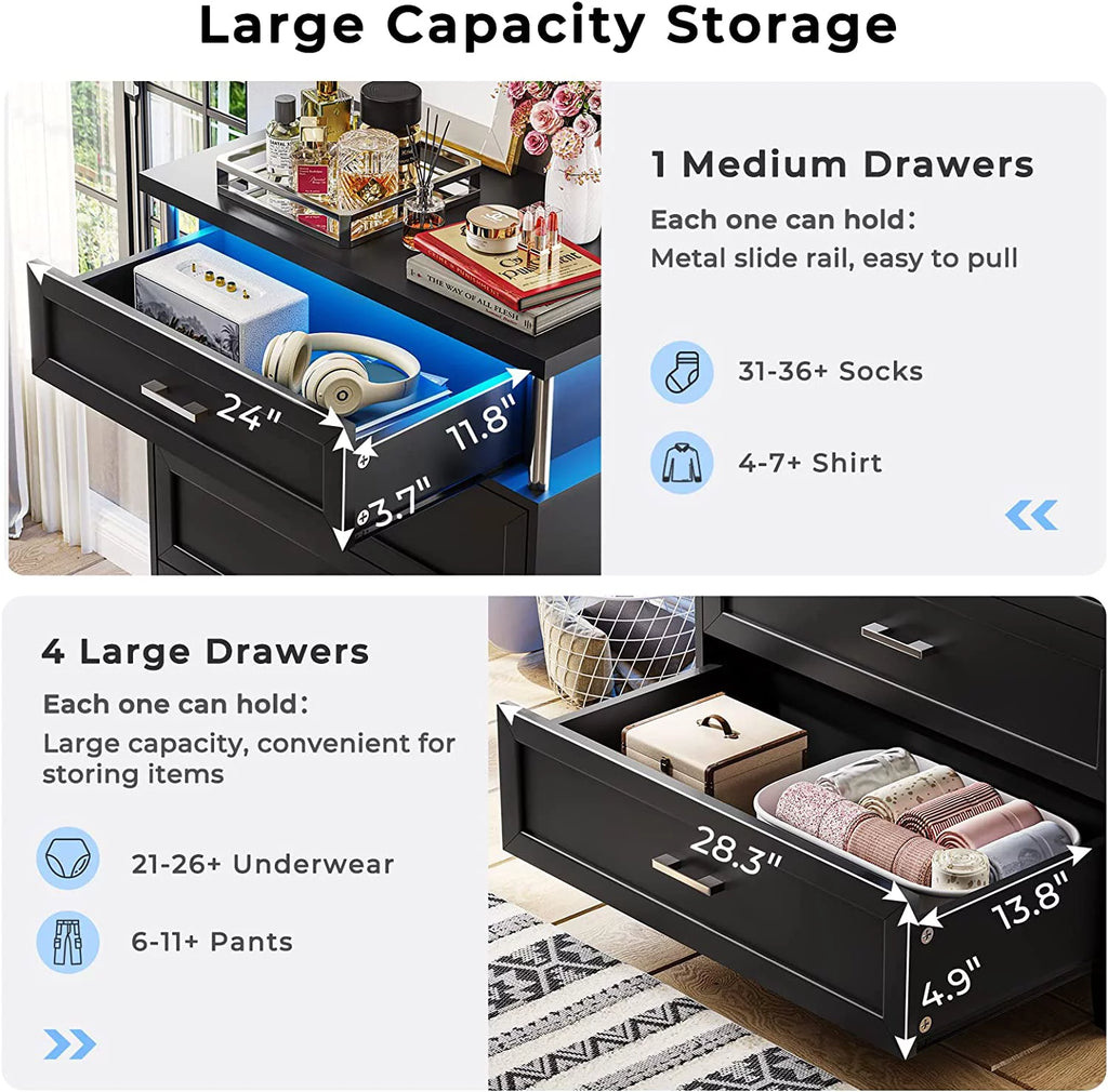 Black 5 Drawers Wood Dresser with LED Light V112659