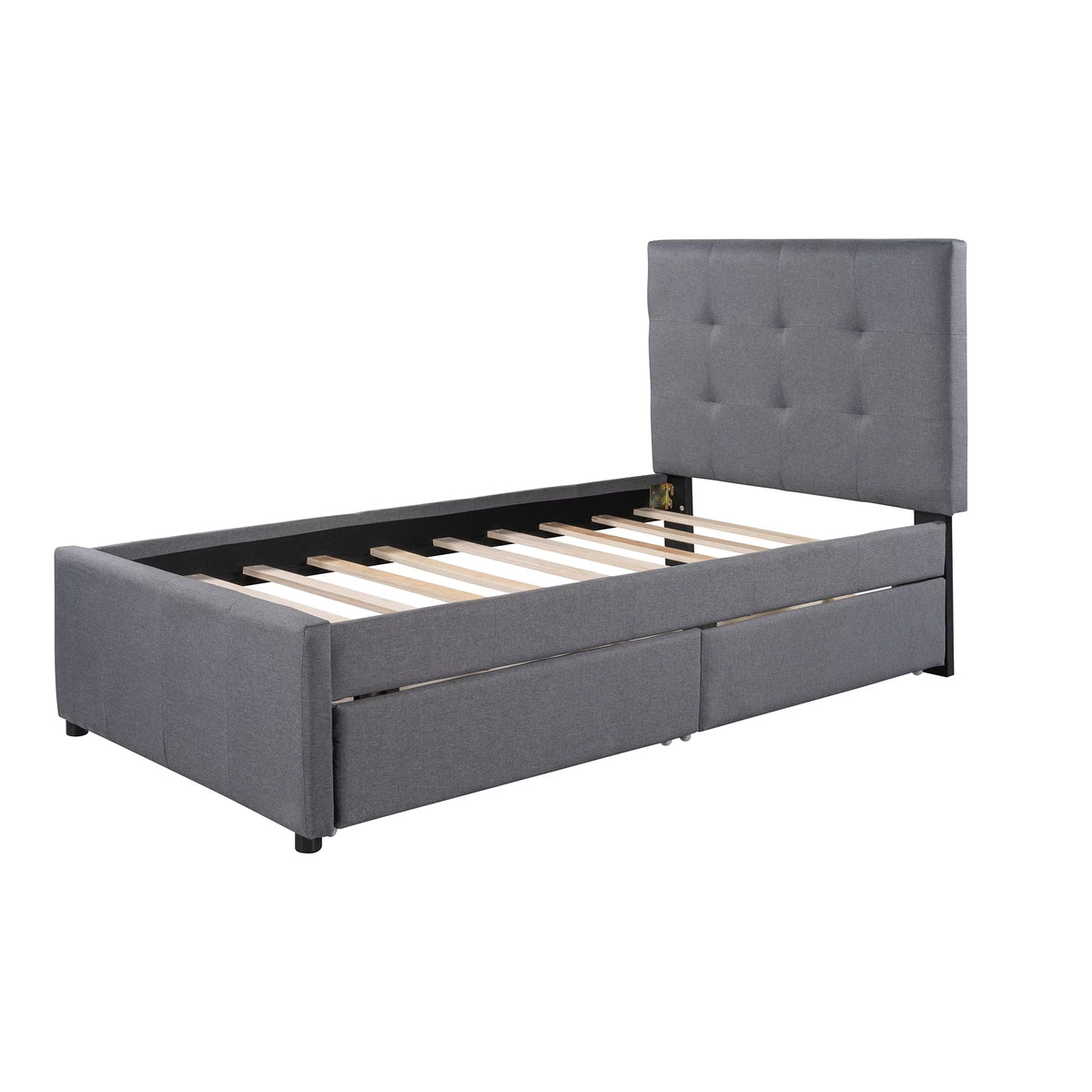 Gray Upholstered Twin Size Platform Bed with 2 Storage Drawers K3529