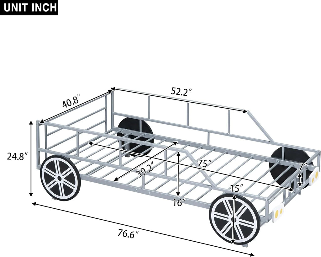 Metal Car-Shaped Platform Bed with Wheels and Guardrails G32745