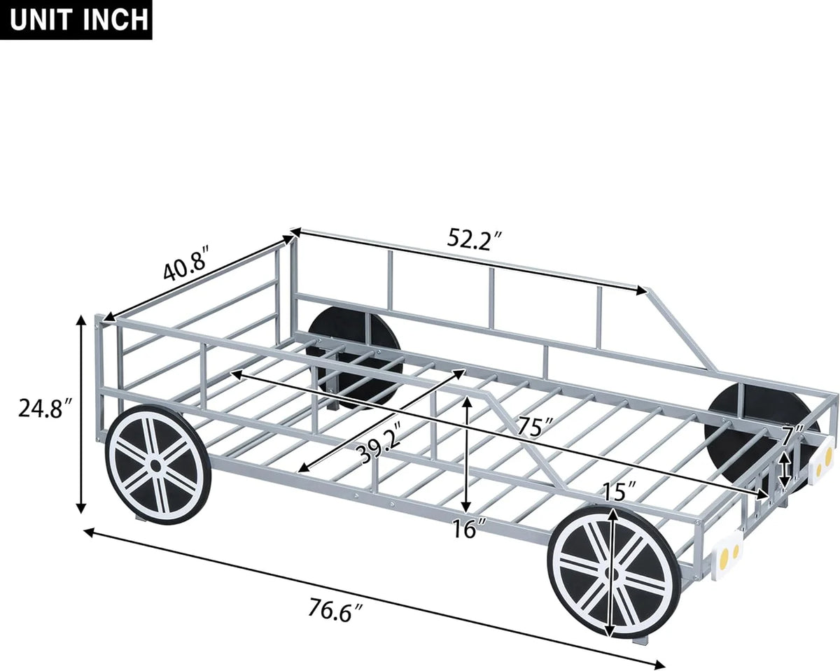 Metal Car-Shaped Platform Bed with Wheels and Guardrails G32745