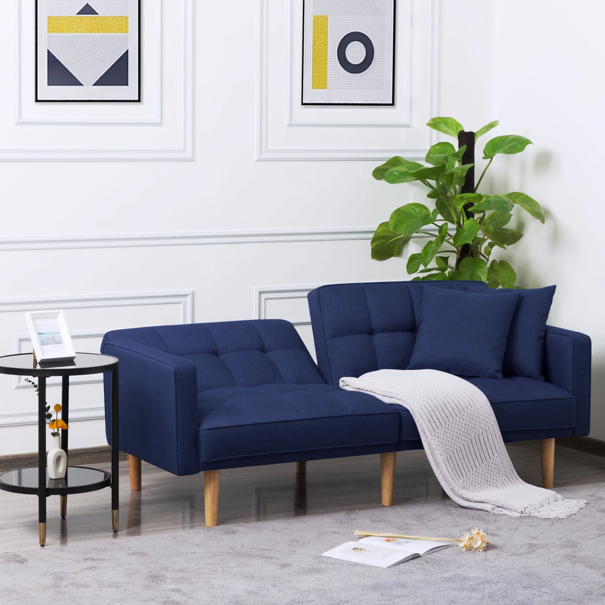 71.3 inch Futon Sofa Bed Convertible Sleeper Couch with 2 Pillows Navy Blue J175319