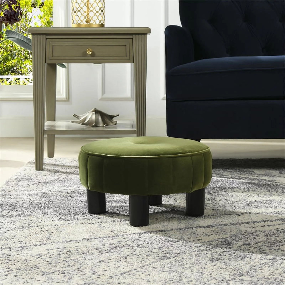 Olive Green Velvet Round Footstool Ottoman W844030