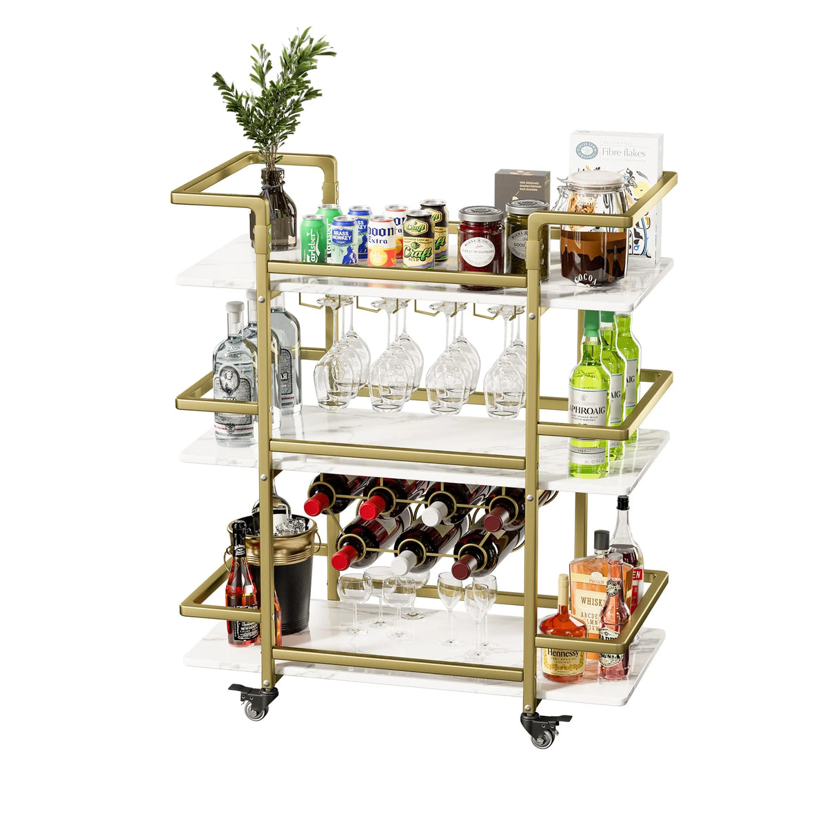 Golden 3-Tier Bar Cart with Wine Rack and Glass Cup Storage H53428