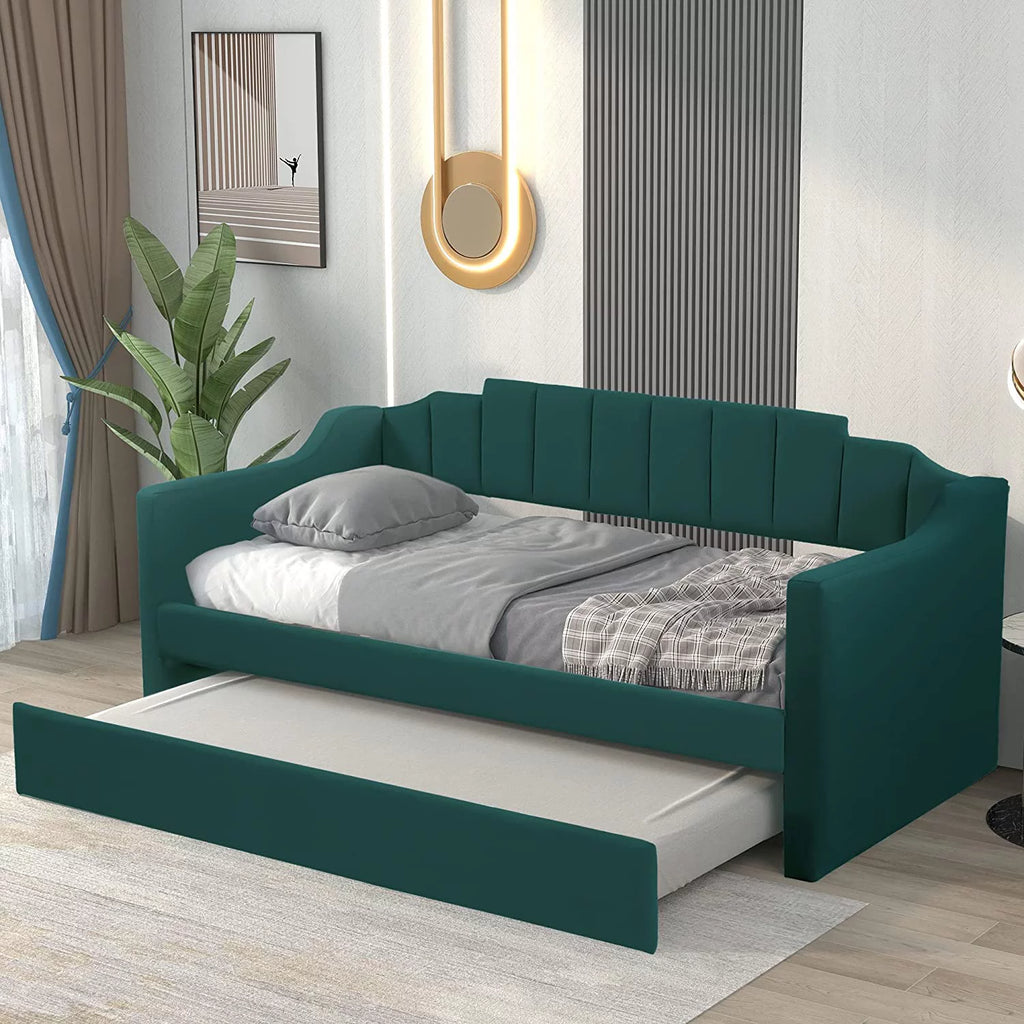 Green Upholstered Tufted Daybed with Trundle F3218