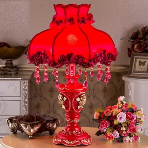 Blue Fabric 1 Head Floral Table Lamp with Beaded Fringe and Lace J7020