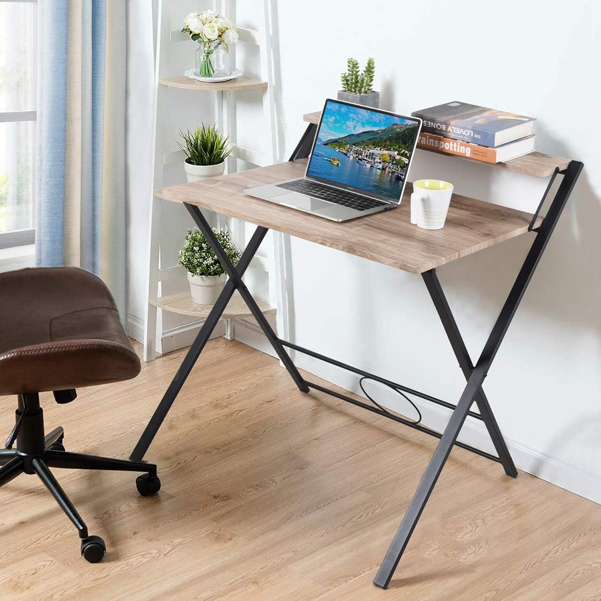 Oak White Computer Desk with Storage Shelf P625838