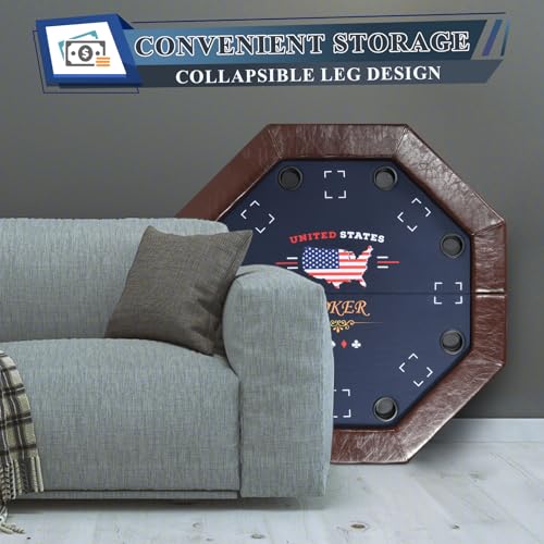 50 inch Foldable Octagon Poker Table with Stainless Steel Cup Holders Q66337