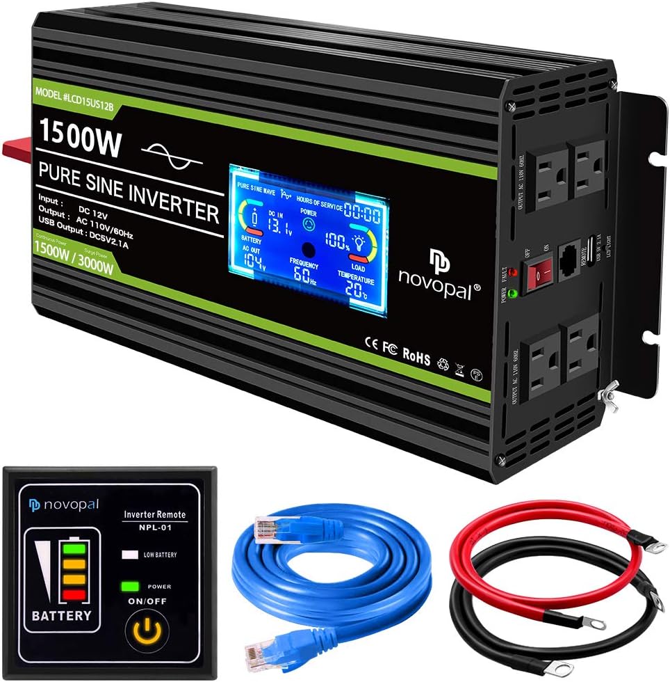 1500 watt Pure Sine Wave Power Inverter 12V to 110V/120V 4 AC Outlets Y328464
