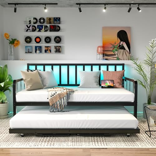 Black Metal Daybed with Trundle and Charging Station B3747