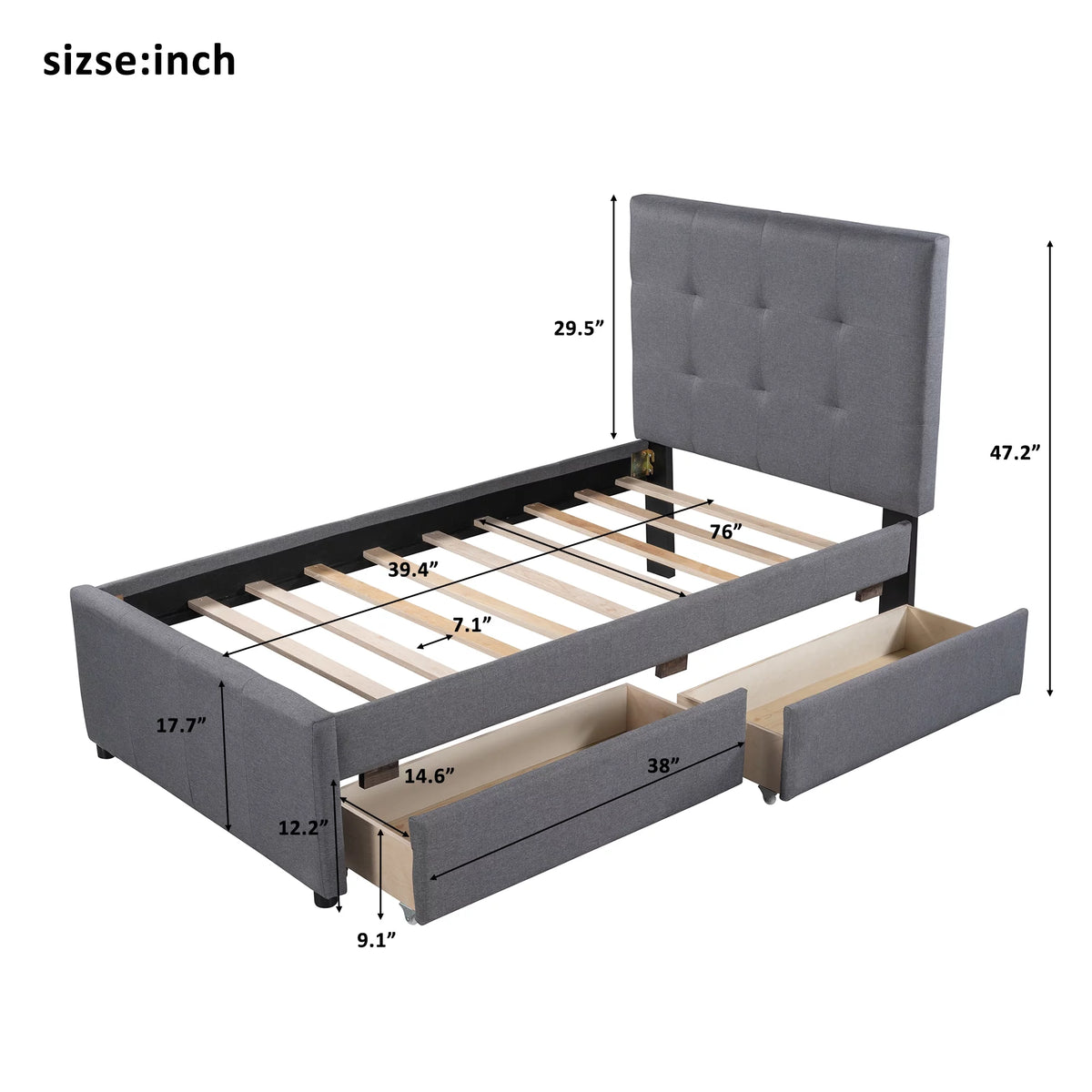 Gray Upholstered Twin Size Platform Bed with 2 Storage Drawers K3529