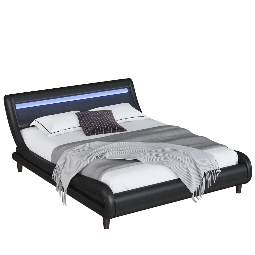 Queen Size Black PU Upholstered Platform Bed Frame with Adjustable Headboard K5052