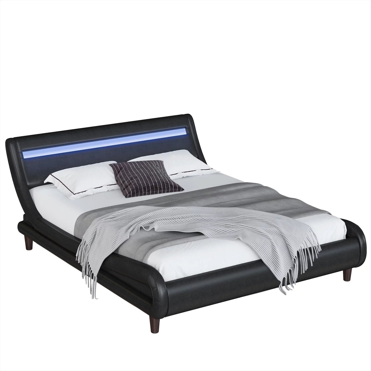 Queen Size Black PU Upholstered Platform Bed Frame with Adjustable Headboard K5052