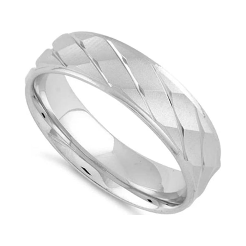 Platinum Plated Diamond Cut Pattern Wedding Band Ring Y396169