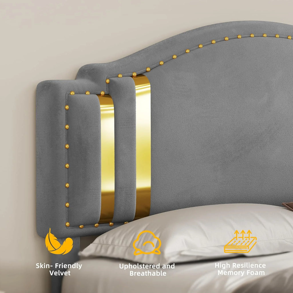 King Size Grey Upholstered Platform Bed Frame and Headboard I7654