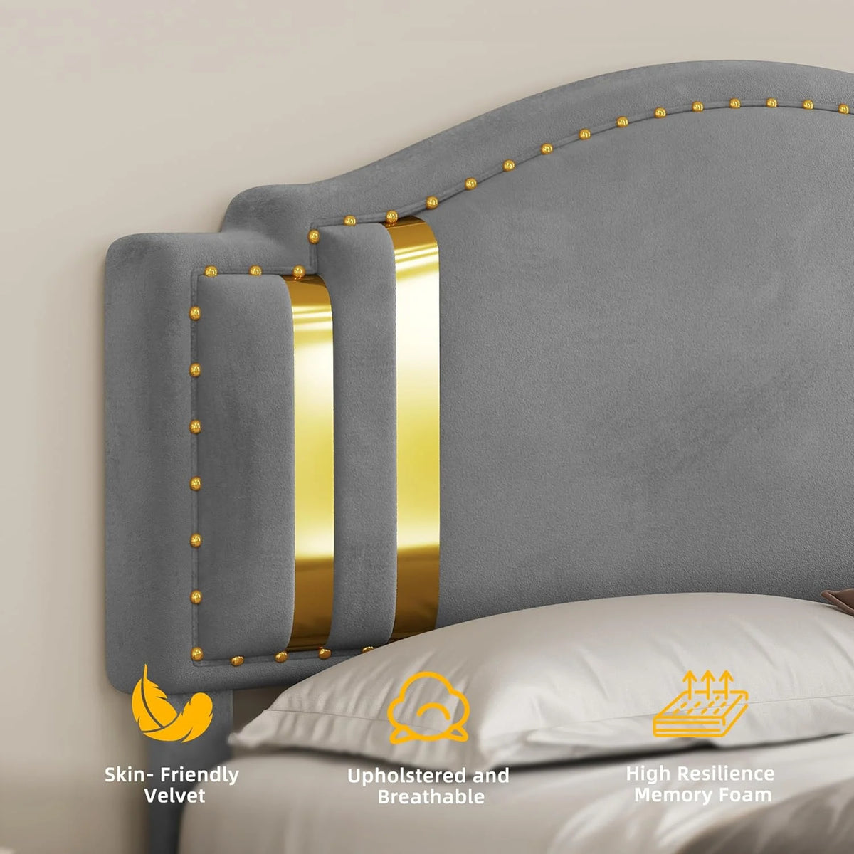 King Size Grey Upholstered Platform Bed Frame and Headboard I7654
