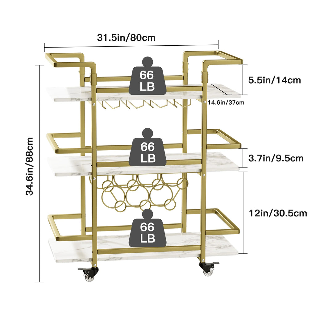 Golden 3-Tier Bar Cart with Wine Rack and Glass Cup Storage H53428