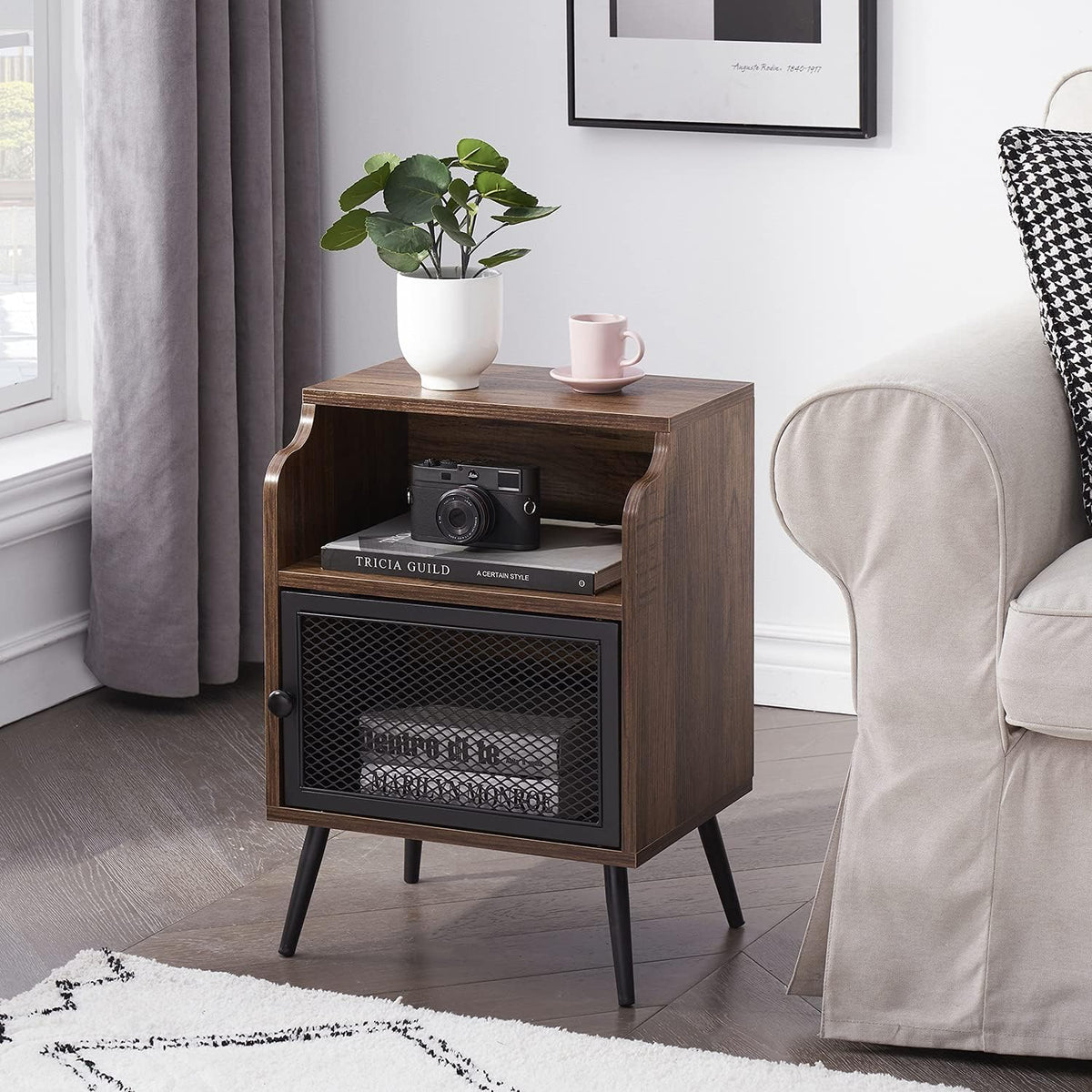 Brown Metal Nightstand with Storage Cabinet and Drawer Shelf D39494