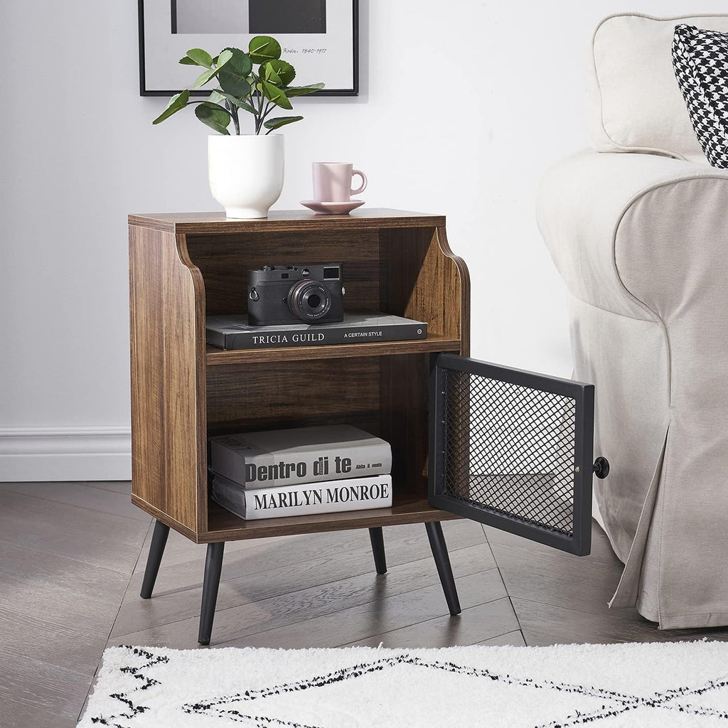 Brown Metal Nightstand with Storage Cabinet and Drawer Shelf D39494
