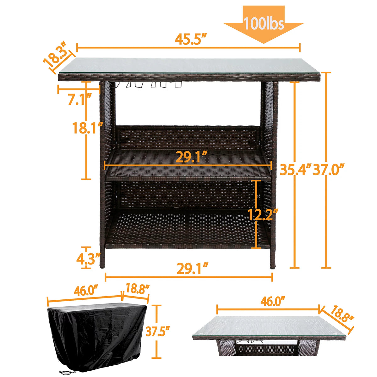 Outdoor Patio Rattan Wicker Bar Counter Table Tempered Glass Tabletop N1147