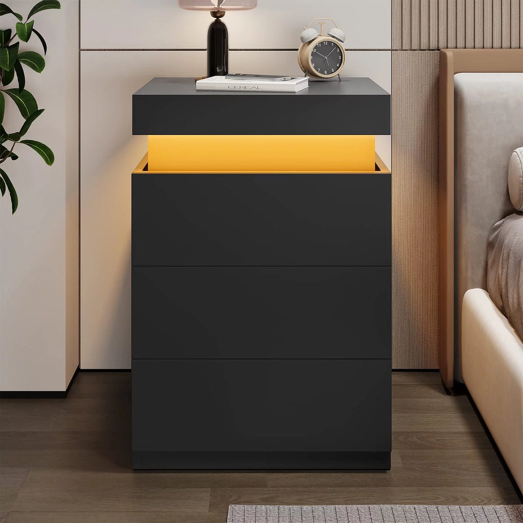 Black LED Nightstands Set of 2 with Charging Station and 3 Drawers E3497